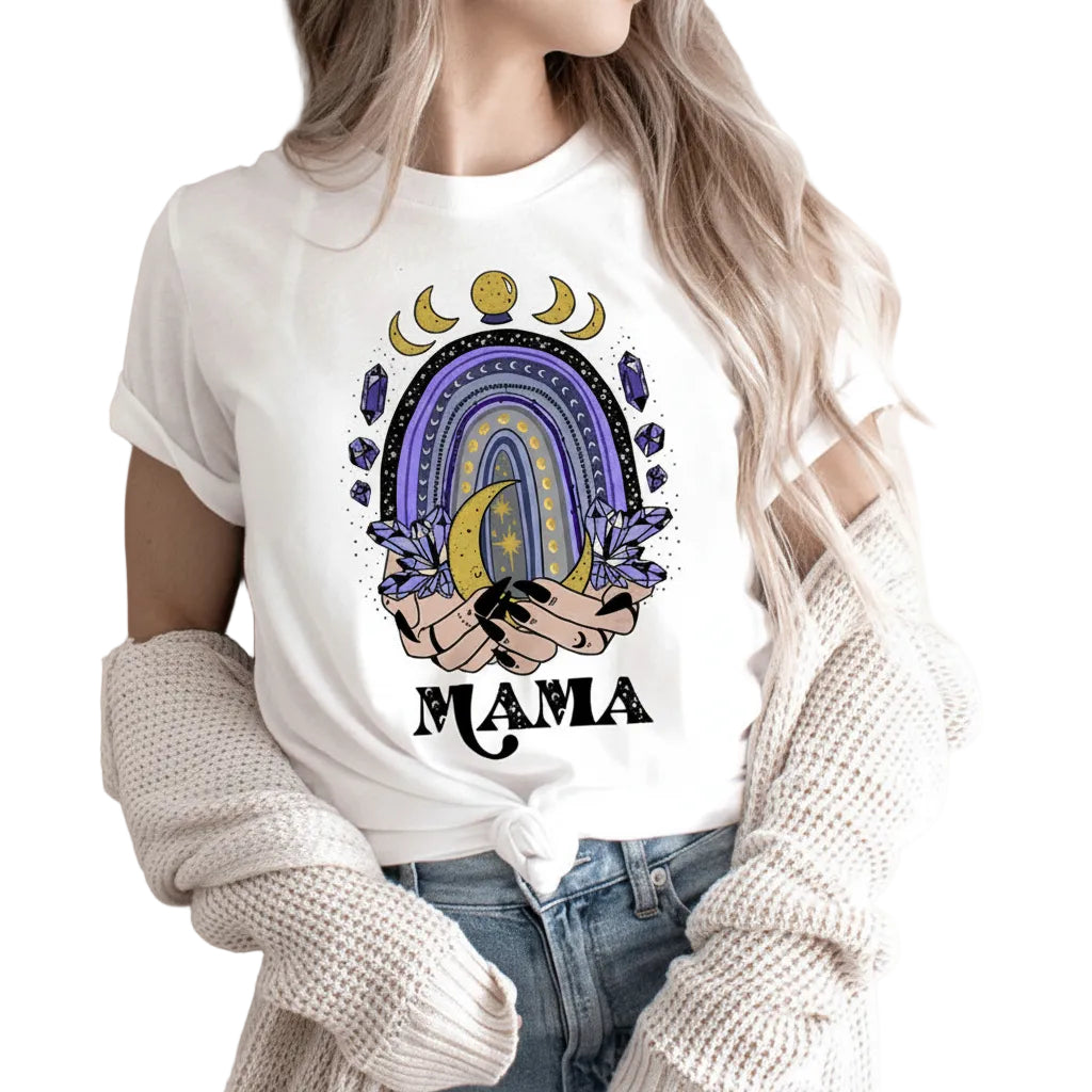 Damen T Shirt aus Baumwolle mit Mondmotiv und Rundhals